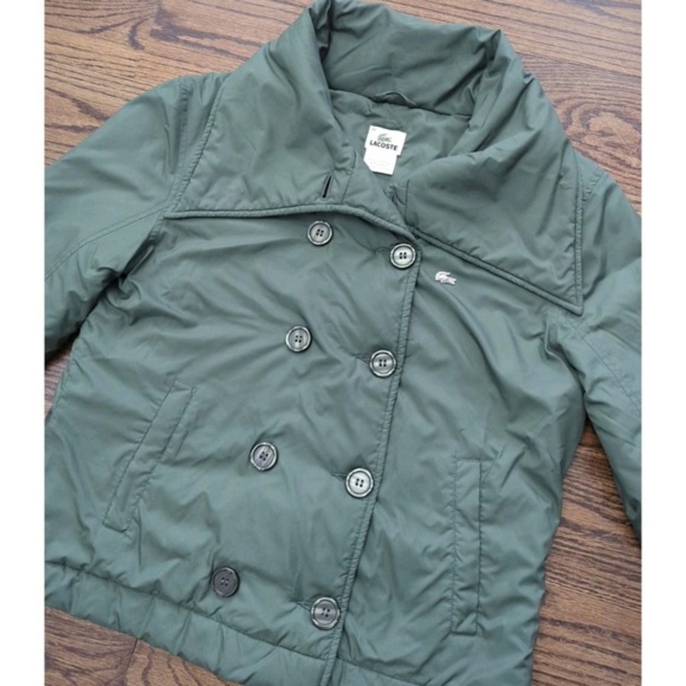 Lacoste Devanlay Size 40 Olive Green Double Breasted Jacket Cowl Collar‎ Quilted